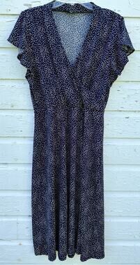 Adrianna Papell Dress Faux Wrap Midi M Blue White Polka Dot Twee Stretch A-Line